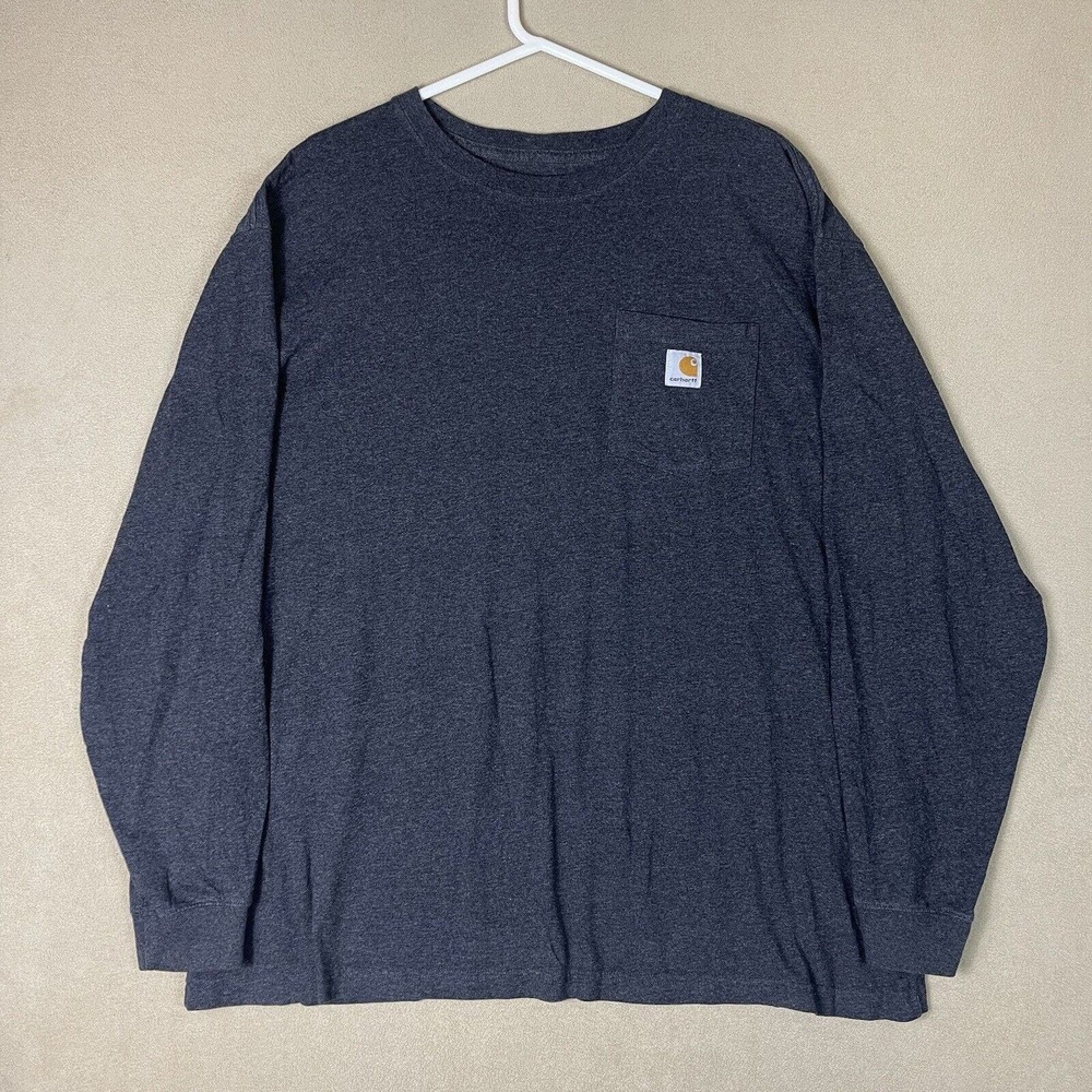Carhartt T-Shirt Men XXL Gray Long Sleeve Chest Pocket Loose Fit Crew Neck Adult